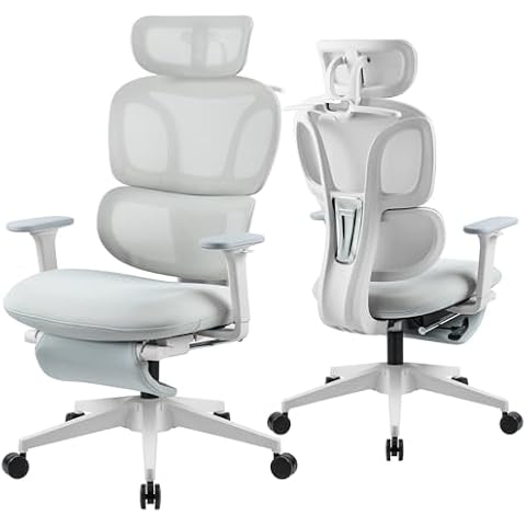 Ergonomic Office Chair with Foot Rest, Coat Hanger, High Back Mesh Computer Chair with Lumbar Support, High Resilience Sponge Seat, Comfy Reclining Home Office Desk Chair, Grey Cover