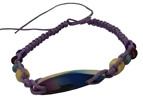 Surfboard Bracelet - Natural Wood Mini Surfboard Bracelet with Dolphin Design- Purple Bracelet
