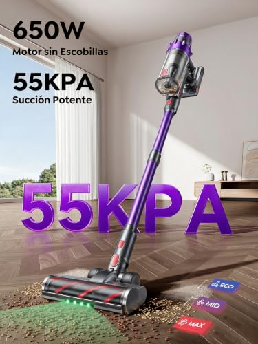 Miniatura 2 de 55KPA/650W/70Min(ECO) VAC02 Mejorada Aspiradora sin Cable, Aspiradora Vertical con Cepillo para Colchón, Modo Automático, Cepillo Anti-Enredo, Luz Verde, Fragancia, Carga Mural para Suelos y Alfombras