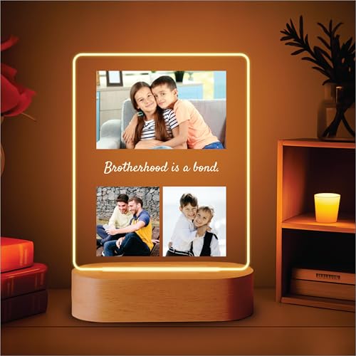 Image of Giftplease Personalized Custom Photo Acrylic Night Light - Engraved Led Picture Lamp with Wooden Base, Multi-Photo Collage Table Lamp, Custom Brother Forever Gift for Birthday, Anniversary, Rakhi