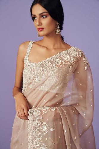 Image of Yashika Women's Organza Satin Butti Work With Zari Lace Border Embroidered Saree| Women Sari