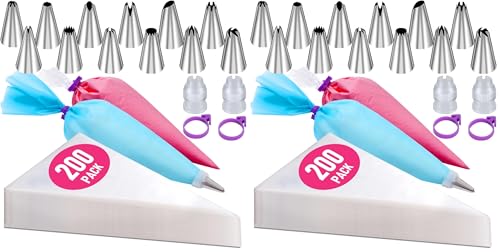 Image of 200Pcs Piping Bags and Tips Set, 12 Inch Pastry Bags, Cakes Decorating Kit Supplies, Icing Bags Disposable with 1 Reusable Piping Bags, 12 Frosting Tips, 2 Couplers, 2 Bag Ties (Pack of 2)