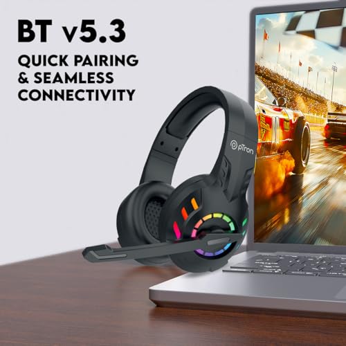 Image of pTron Studio Sports Wireless BT Gaming Over-Ear Headphones, 30MS Low-Latency for Thrilling Gaming Experience, RGB Lights, Boom HD Mic w /AI ENC, 60Hr Playtime, Punchy Sound, Type-C Fast Charging(Sable)