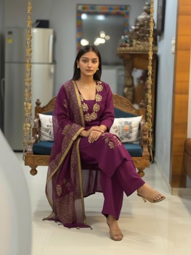 Image of ANNI Designer Women's Rayon Viscose Straight fit Printed Embroidered Kurta with Pant & Dupatta | Ethnic Kurta Set for Women | Daily, Office & Festive Traditional