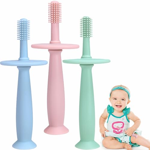 OKOKN 3 Pezzi Giochi Dentizione Neonato, Spazzolino Neonato Pulizia Della Lingua, Massaggia Gengive BPA Free, Anello Dentizione Bambini 0-12 Mesi