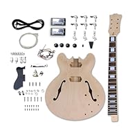 DIY ES335 style electric guitar kit with hollow body and all necessary components. Features 3-ply maple cap and hollow guitar body in ES335 style, mahogany neck and rosewood fretboard. Binding on both sides and F hole binding, 22 frets and 24.75 inch...