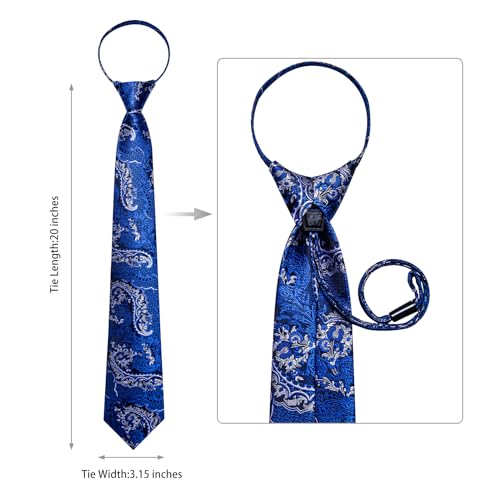 Image of DiBanGu Silk Zipper Ties for Men,Paisley Solid Plaid Pre-tied Tie and Pocket Square Cufflinks Set Formal Adjustable Necktie