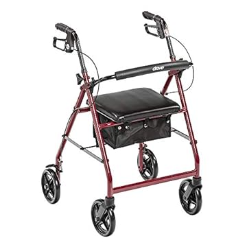 Drive Medical Aluminum Rollator Walker Fold Up and Removable Back Support, Padded Seat, 7.5" Wheels, Red