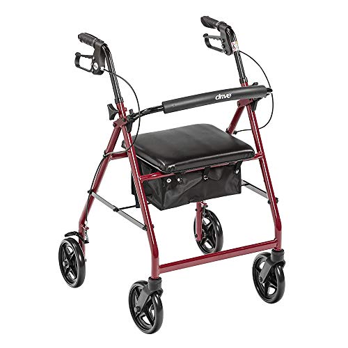 Drive Medical Aluminum Rollator Fold Up and Removable Back Support, Padded Seat with 7.5-Inch Casters, Red