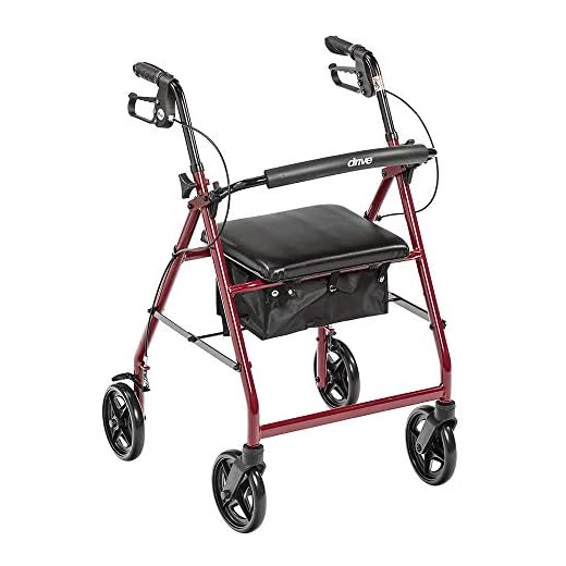 Drive Tyres Medical Aluminium Walker Folding and Removable Back Support, Padded Seat, 19.1 cm Wheels, Red
