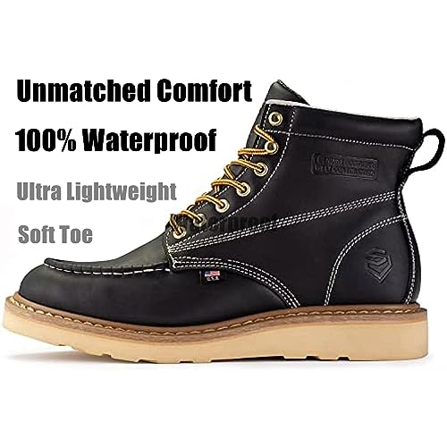 SUREWAY 6 in Mens Waterproof Soft Toe Work Boots for Men-Full Grain Leather,Goodyear,Non-Slip EH Safety Industial Construction Wedge Moc Toe Work Boots/Shoes,Waterproof Soft Toe Black,Size 112