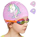 Kinder-Badekappen für Kinder, Kinder, Jungen und Mädchen im Alter von 2–12, wasserdichte Baby-Badekappen für langes und kurzes Haar, Einhornmuster (Rosa)