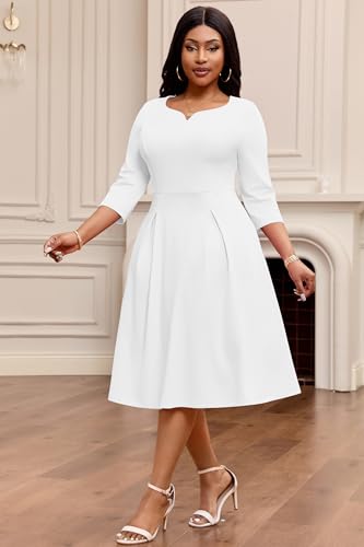 Image of Nmoder Fit-and-Flare Midi Dress V-Notch Neck Casual Dress Side Pockets | V-notch neckline;A-line swing silhouette; Soft breathable fabric; Perfect for church wedding guest work daily wear