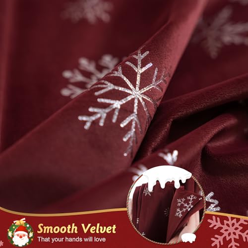 Image of Beauoop Christmas Red Velvet Curtains 96 Inches Long 2 Panels for Bedroom Living Room Silver Snowflake Holiday Decor Burgundy Thermal Insulated Room Darkening Rod Pocket Window Treatments Drapes 52X96