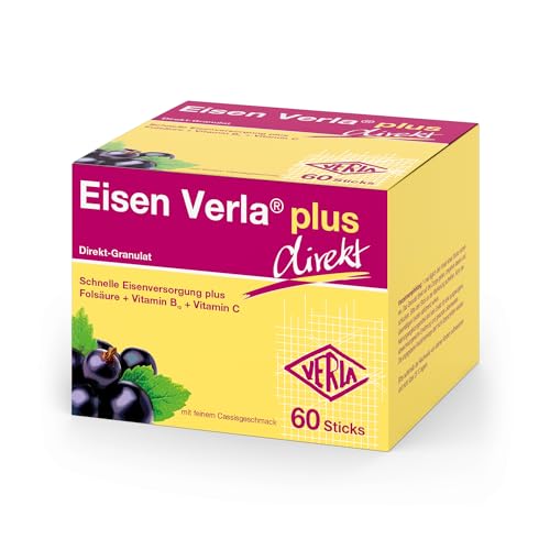 Eisen Verla plus direkt 4-fach Kombination aus Eisen + Folsäure + Vitamin B12 + C bei erhöhtem Eisenbedarf mit fruchtigem Cassisgeschmack glutenfrei zuckerfrei ohne Lactose & vegan 60 St