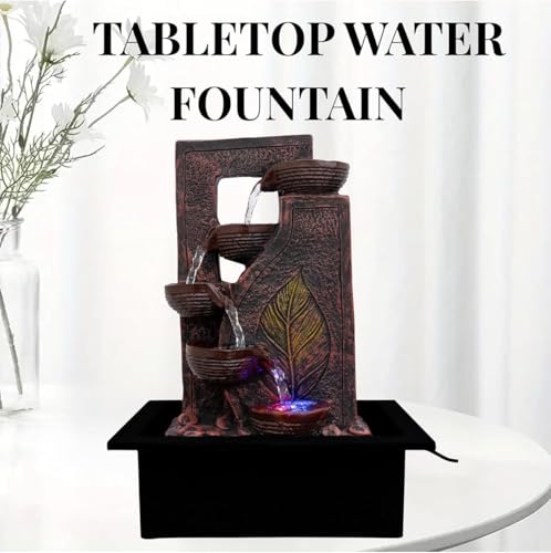Image of UAG EXPORTS Polyresin Leaf-Design Tabletop Indoor Waterfall Fountain | Elegant LED Water Feature with Adjustable Flow Pump | Stylish Home & Office Decor Showpiece, White Color- Copper