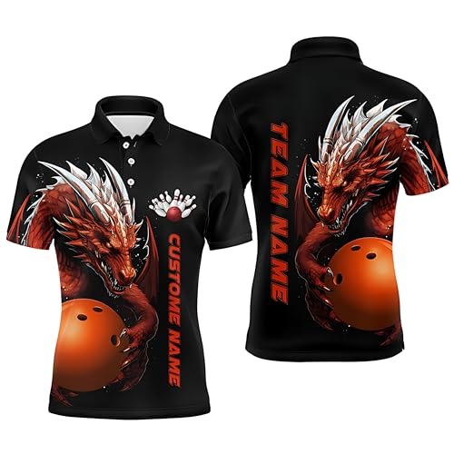 Custom Designed Red Flames Bowling Team Polo Jerseys, Dragon Bowling Shirts for Men, Bowling Ball Jerseys D7282, 0X