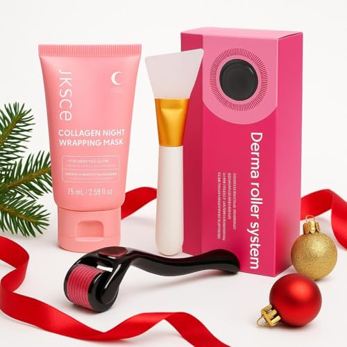 Dermaroller Visage & Cheveux+Masque Collagène et EBOOK inclus, 540 Micro-aiguilles 0,5mm, Rouleau de Beauté pour Stimulation du Collagène, Soins Anti-âge, Skin Care, Répare Peau Lisse et Eclatante