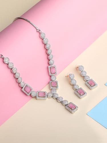 Image of ASMITTA Jewellery Rhodium-Plated Square American Diamonds Studded Pendulous Necklace with Earrings Jewellery Set for Girls Womens