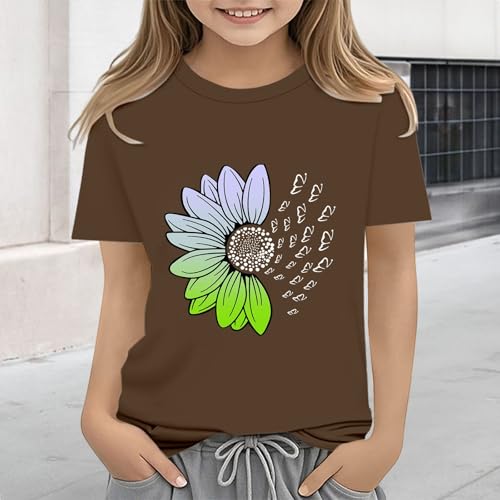 Girls Loose Fit Sunflower Graphic T Shirts Short Sleeve Crewneck Cute Pattern Printed Tops Kids (D-Coffee, 4-5 Years)4