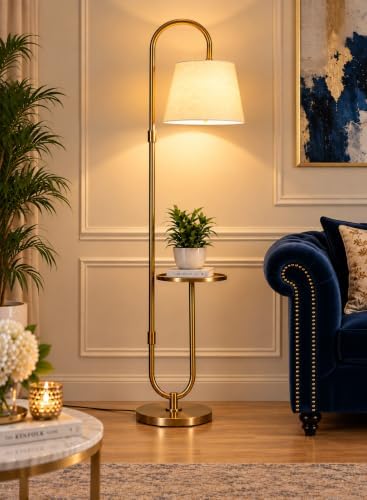 Divine Trends Modern Table Shelf LED Floor Lamp Standing Brass Antique Finish Gold 5ft Height with Shelf Diameter 10 Inches and Off White Lampshade (Pack of 1)