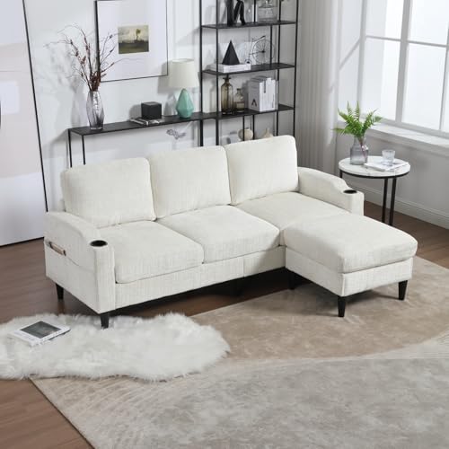 KOMHTOM Canapé Modulable en L - Canapé Moderne 4 Places en Chenille avec Pouf,Accoudoirs,Porte-Gobelets - Cadre en Bois et Pieds Noirs - Fauteuil de...