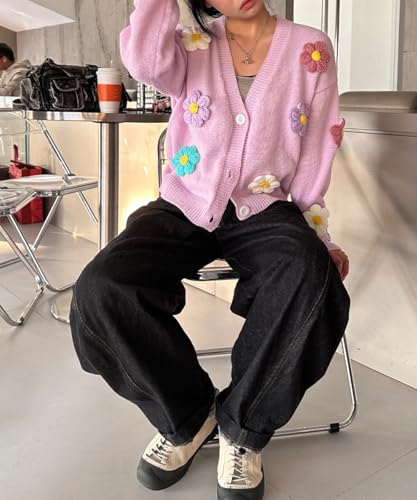 Image of Plus Size Sweaters for Wommen Cardigan Long Sleeve Sweatershirt Button up Colorful Flowers Cute White Tops Coat Fall Winter Oversize XL