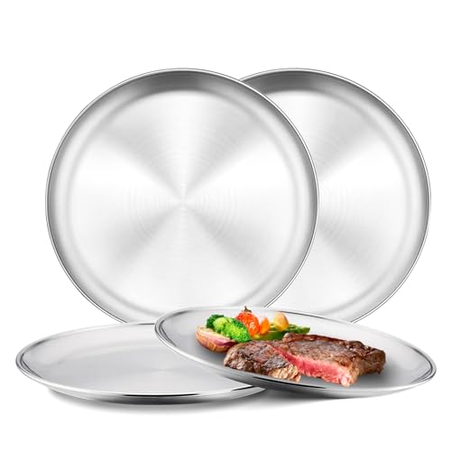 4 Piatti Rotondi in Acciaio Inox 26 cm, Unbreakable in Metallo 304, Lavabili in Lavastoviglie, Senza BPA per Campeggio, Picnic, Cucina, Feste