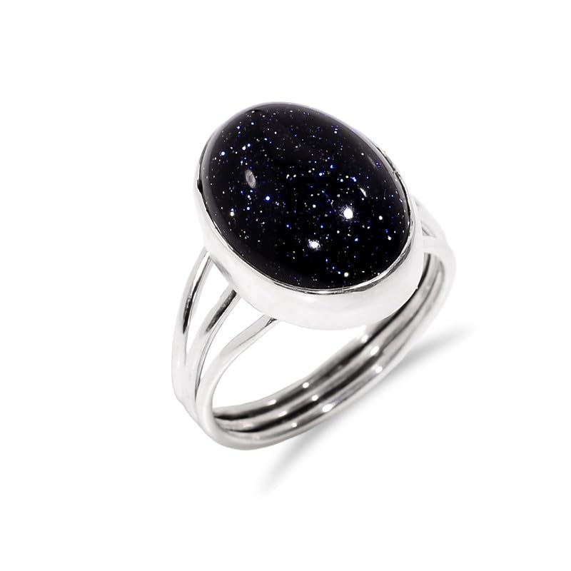 Bague en argent et pierre de soleil bleue fait main au style boho chic minimaliste