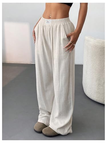 Floerns Women's Linen Wide Leg Pants Elastic Waist Casual Loose Long Trousers with Pockets2