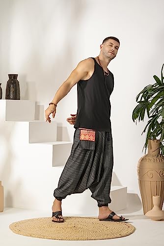 Image of The Veshti Company Cotton Baggy Pants Drop Crotch Harems for Men's Loose Boho Oversized Striped Meditation Yoga Pant with Pocket