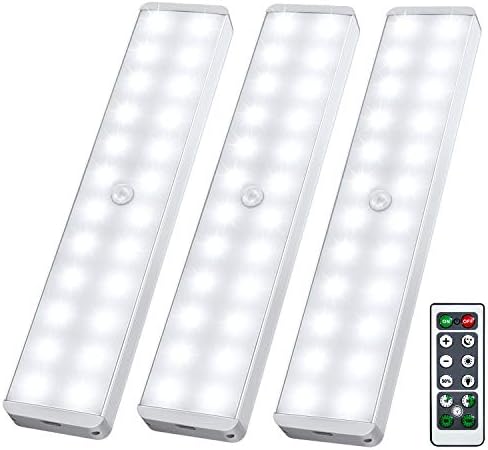 LED Closet Light, 24-LED Dimmer Rechargeable Motion Sensor Under Cabinet Lighting Wireless Stick-Anywhere Night Light with Remote for Wardrobe,Kitchen (3 Pcs)