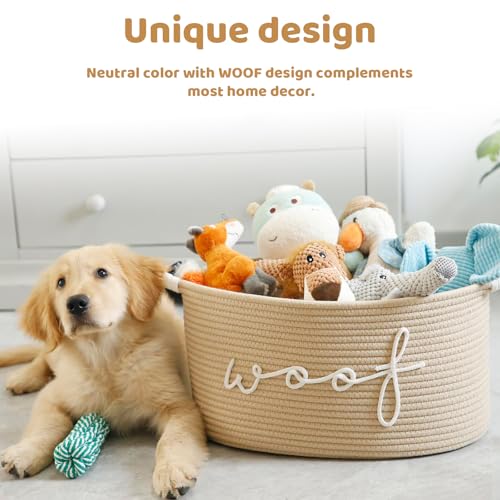CharmBurst Geflochtener Hundespielzeugkorb, Aufbewahrungsbox Für Welpen Zubehör, Robuste Griffe, Runder Spielzeugkorb Für Hunde, Decken Und Haustierzubehör (Khaki)
