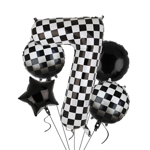 100 cm, numero controllato, 7 palloncini a elio in Mylar XXL, colore nero, bianco, confezione da 5 pezzi, 7 pezzi da corsa, per feste di compleanno, Race Car Theme