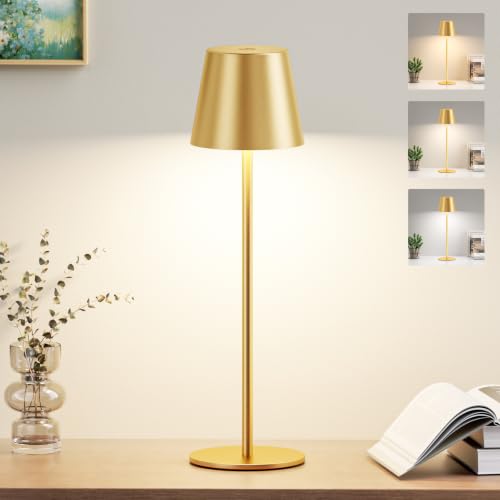 PreeOtti Tischlampe Kabellos Akku LED Tischleuchte Touch mit 3 Farbtemperatur Stufenlos Dimmbar Touch Lampe mit USB-C Aufladbar für Outdoor Nachttisch Esstisch Camping(Gold)