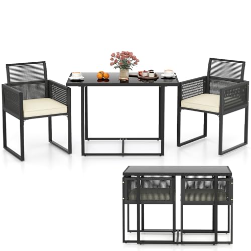 Tangkula 3 Pieces Patio Dining Set, Outdoor Space-Saving PE Wicker Bistro Set with Cushions, Patio Tempered Glass Top Table and Chairs Set for Porch, Garden and Backyard