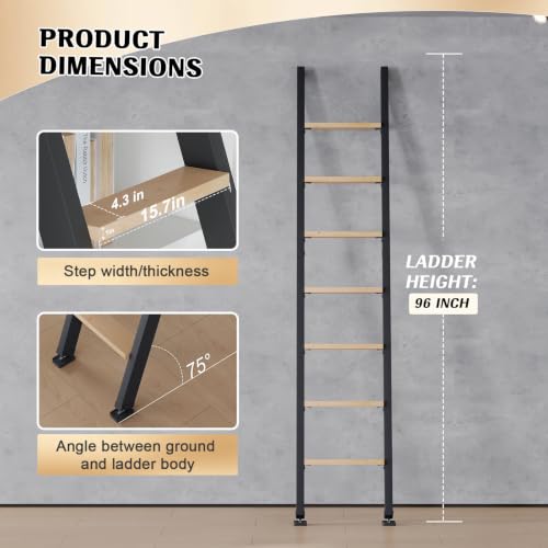 Image of Fredbeck 8ft,96inch Library Ladder Carbon Steel Frame Wooden Step,for Loft