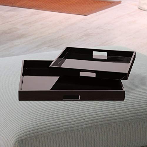 Image of Howard Elliott Collection Premium Wooden Serving Tray with Handle, Glossy Black Finish Decorative Square Wood Tray Set Platters for Ottoman, Breakfast, Parties, Weddings, 20 x 20 Inch