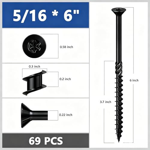 Image of Wensilon 5 /16 * 6 inch Black Deck Screws, (69pcs) 5 lbs.Exterior Wood Screws, Rust Resistant Epoxy Coated, Bronze, Star Bit