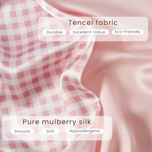 Image of THXSILK Set of 2 Mulberry Silk Pillowcase for Hair and Skin, Cooling Bed Pillow Cover with Hidden Zipper, Soft Smooth Print Silk Pillowcase Gifts for Women Men (King 20 inchx36 inch, Pink Plaid)