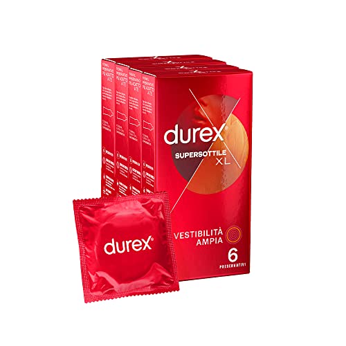 Durex Supersottile XL (57 mm), Forma serbatoio Easy-on, 4 confezioni, 24 Profilattici sottili, Vestibilità Ampia