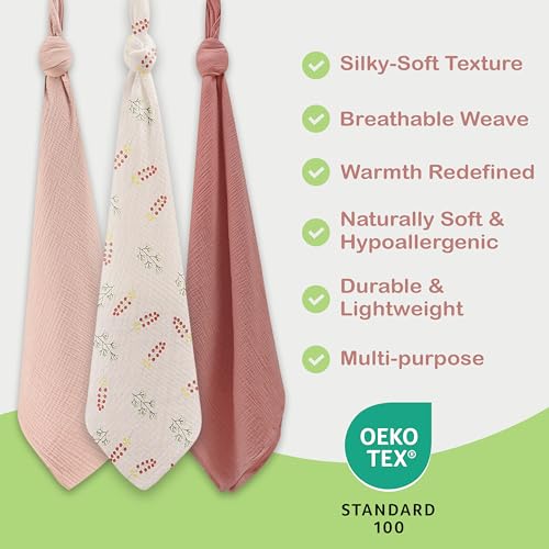 Image of Organic Muslin Baby Blanket 3-Pack Pink, Floral & Rust, 38x40 Inch 100% Organic Cotton Oeko-TEX Certified Ultra-Soft Swaddle Blankets for Newborn, Baby Girl Shower Gift Set