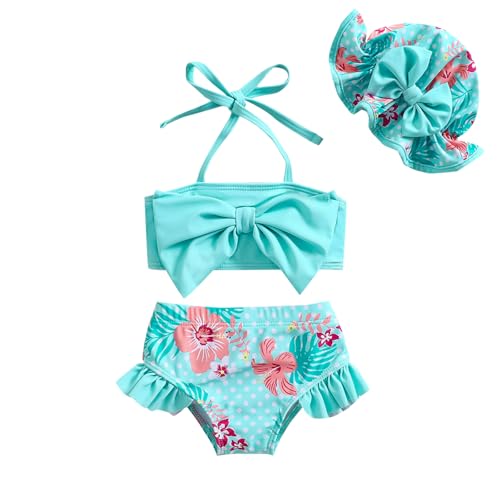 Aimaopao Baby Girls Swimsuit Infant Toddler Girl Bathing Suit Bikini Two Piece Swimwear with Hat (Blue Floral, 2-3T)