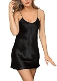 7th Element Women's Slip Dresses Sleepwear Sexy Lingerie Nightgown Satin Sleepwear Silk Silky Basic Adjustable Spaghetti Strap Cami Mini Dress(Black,1X)