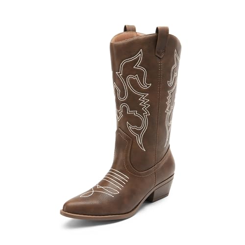 DREAM PAIRS Women's Cowboy Boots Pull On Cowgirl Boots Mid Calf Western Boots, Available in Regular and Wide Calf 5.5 Brown-pu