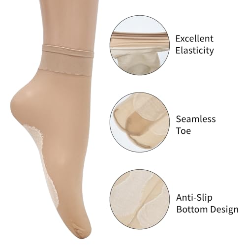Heran Nylons Sheer Socks for Women Girls, Women’s Crew Silk Ankle Dress Stockings, Woman Ultra Thin Nude & Black Transparent Hosiery Socks, 6 Pairs of Calf High See Through Mesh Stockings for Girls3