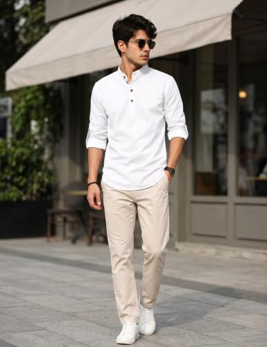 Image of Fifth U Men's Cotton Polyester Blend Solid Mandarin Collar Self Design Full Sleeve Casual Short Kurta