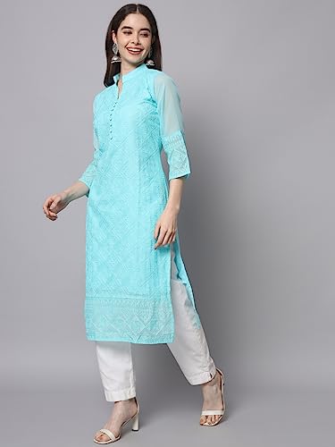 Image of Ekasya Women's Georgette Embroidered Work Kurta with Notch Neck 3 /4 Sleeves Straight Cut Calf Length | E1547