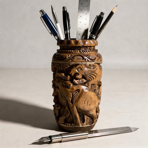 Image of Craft Trade 13x6 Cm Round Hand Carved Wooden Pen Pot Holder - Dark Brown