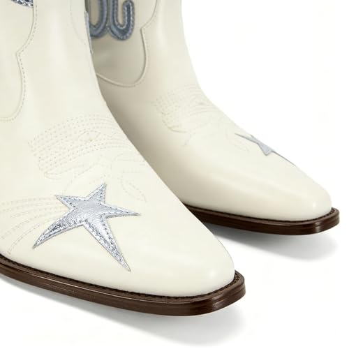 Image of Women's Mid Calf Western Cowboy Boots Pull On Cowgirl Boots with Fashion Star Embroidery Letter Pointed Toe Chunky Heel